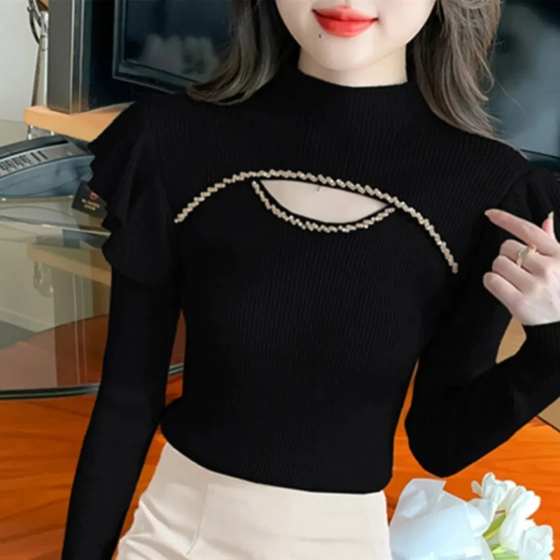 Korean Autumn/Winter Women\'s Sweaters Solid Mock Neck Ruffles Embroidered Flares Hollow Out Long Sleeve Pullovers Knitted Top