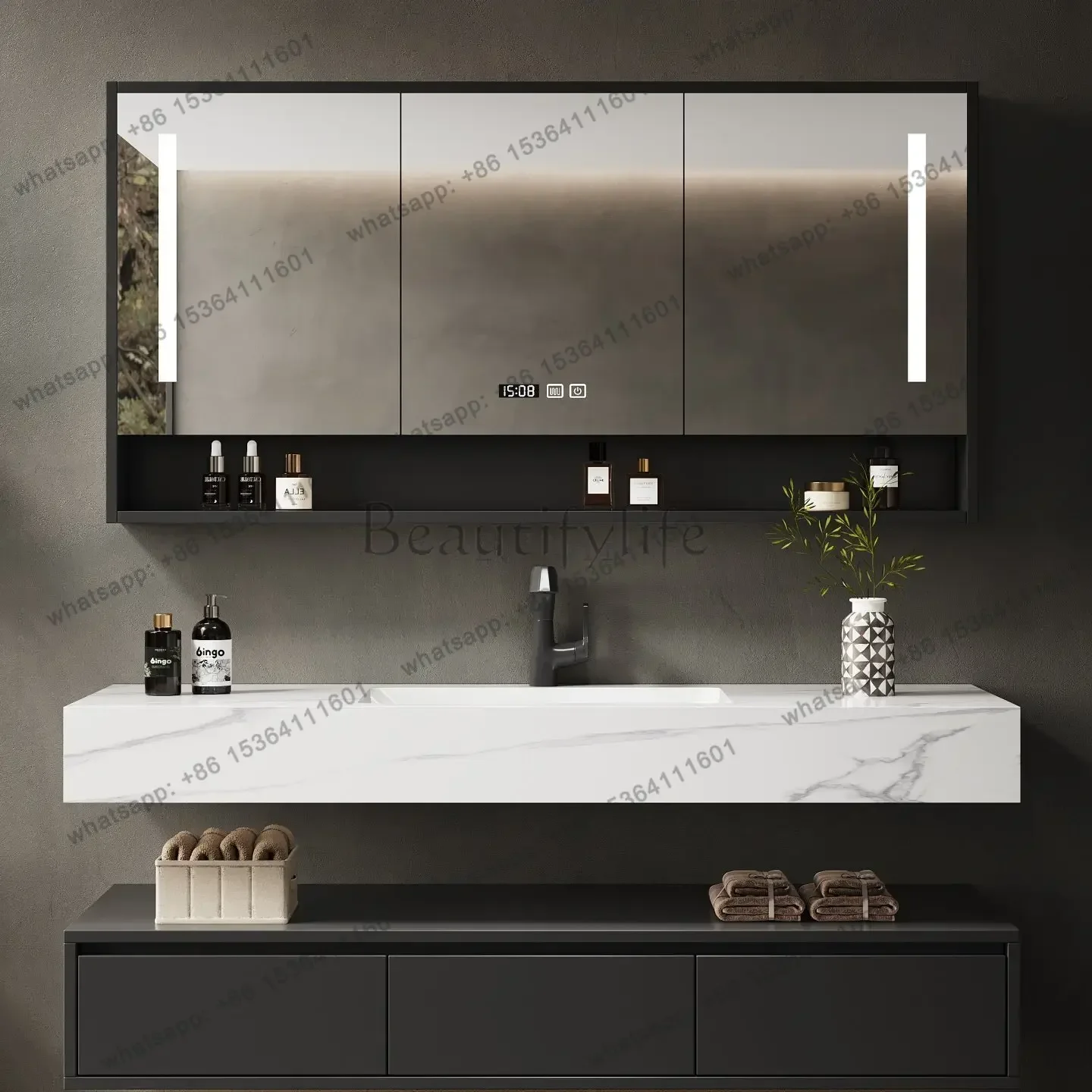 

Hotel wind bathroom cabinet rock slab seamless integrated basin washbasin smart hand washbasin cabinet