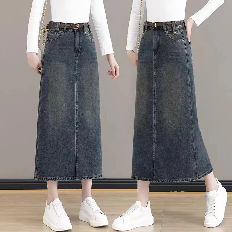 Women Denim Skirts Spring Autumn High-waisted H-line Jeans Skirt Ladies Korean Loose Split Length Knee Length One-step Skirt