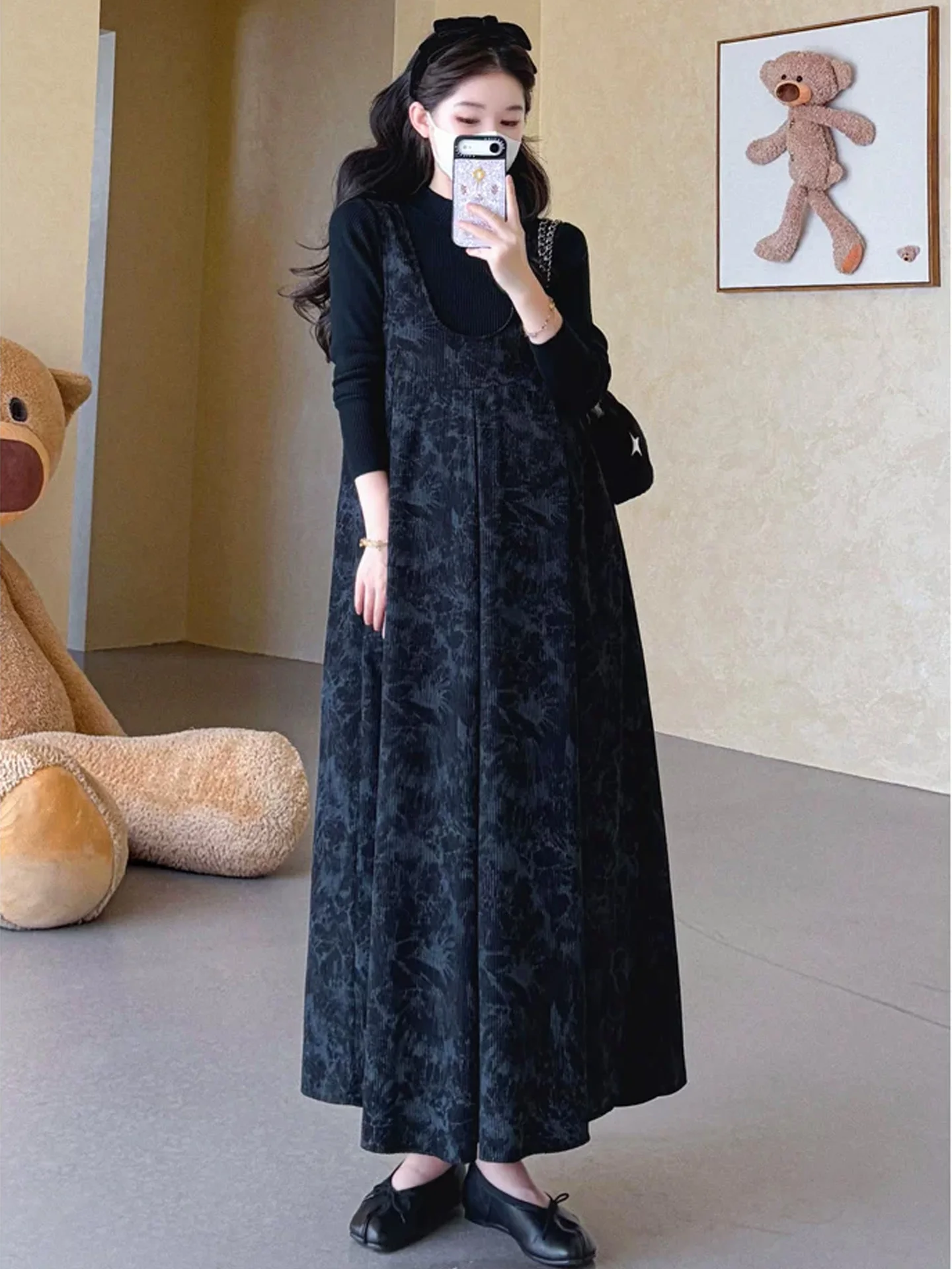 fashionable-maternity-outfit-slimming-bridesmaid-dress-korean-style-bubble-sleeve-loose-waist-long-dress-spring-autumn-wear
