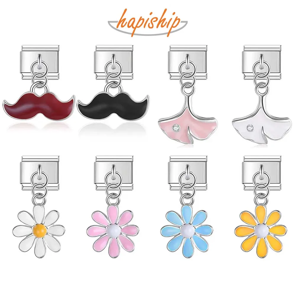Hapiship 2023 Fashion Ginkgo Leaf Beard Daisy Flower Charm Italian Links Fit 9mm Stainless Steel Bracelet DIY Jewelry DJ705