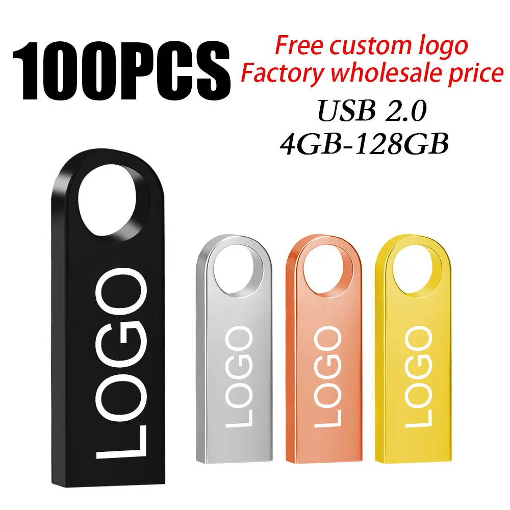 100PCS/lot Metal Pen Drive 64GB 32GB 16GB USB Flash Drive 8GB 4GB U Disk Key Stick 2GB 1GB 128MB 256MB Memory Pendrive Free Logo