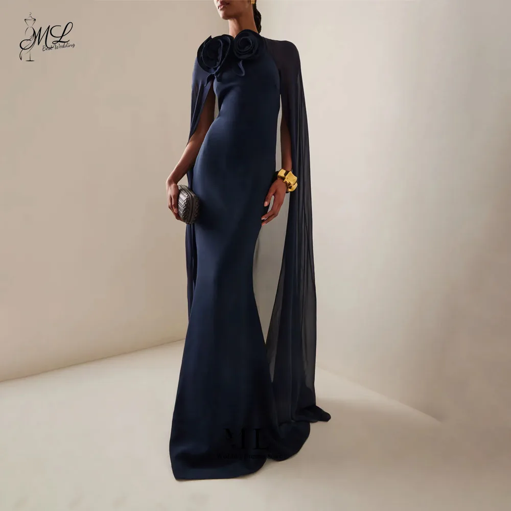 ML Regal Navy Blue Chiffon Cape Mermaid Evening Dress 3D Flowers Floor Length Formal Women Evening Party Gowns Customized