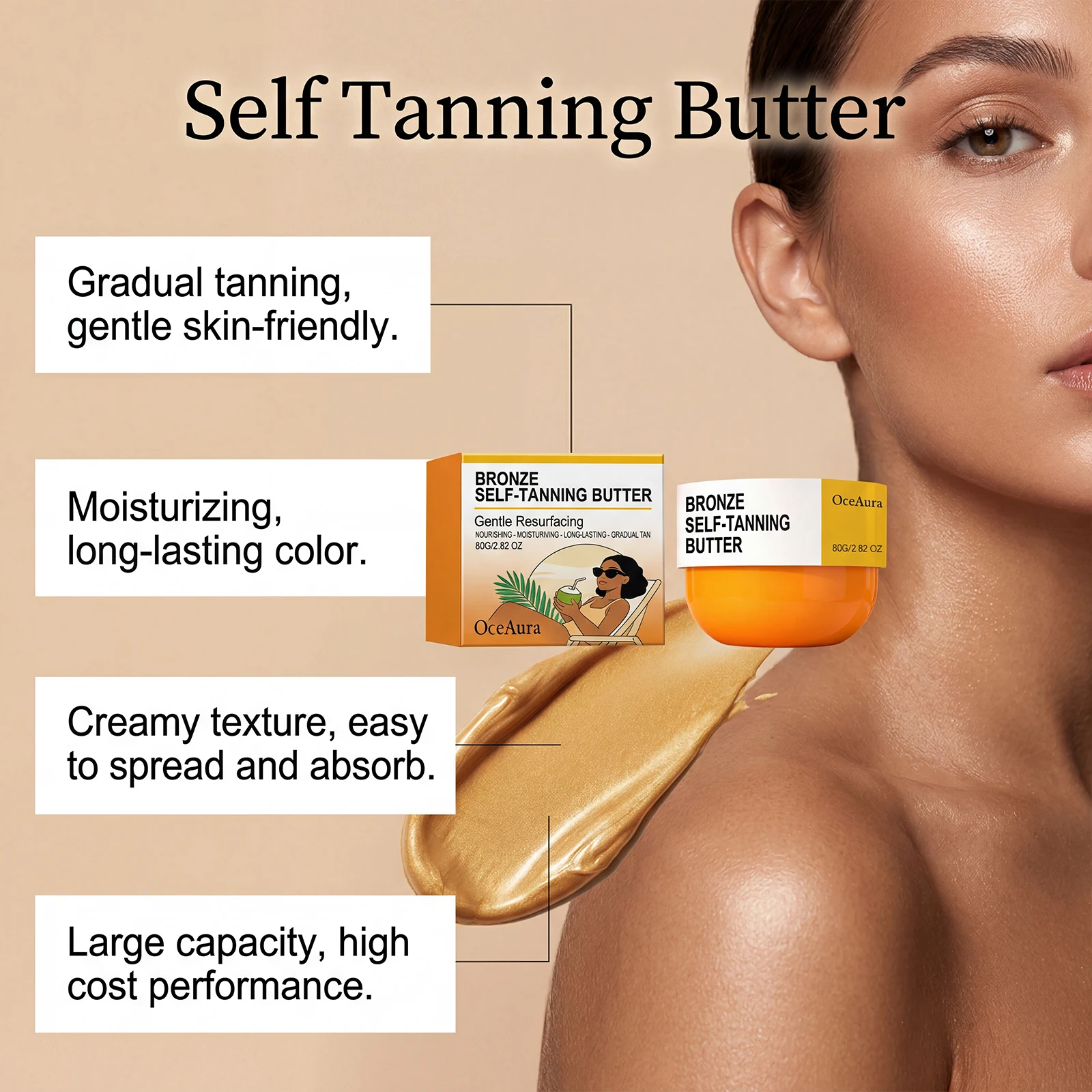 Bronze Self Tanning Butter Gradual Tan Body Lotion Nourishing Moisturizing Long Lasting Sunless Tanner for Natural Glow - view 3