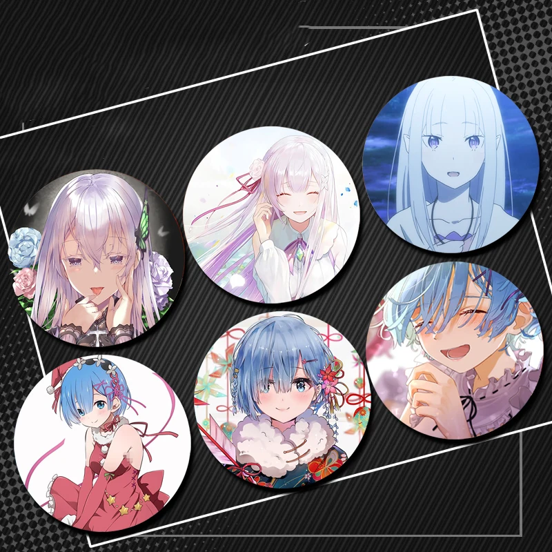 Hot Anime Character Emilia Rem Natsuki Subaru Cute Cartoon Badge Handmade Tinplate Brooches Round Display Brooches Jewelry Gift