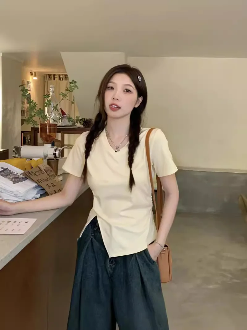 Pale Yellow V-Neck Side Ruched Split Hem Short Sleeve T-Shirt Women Slim Irregular Casual Basic Top