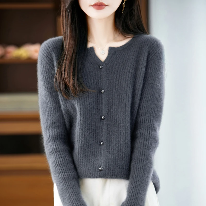 

Classy Women 100% Merino Wool Sweater Peaked Collar Knitted Cardigan Tops Comfy New Elegant Autumn Winter Warm Wool Blouse