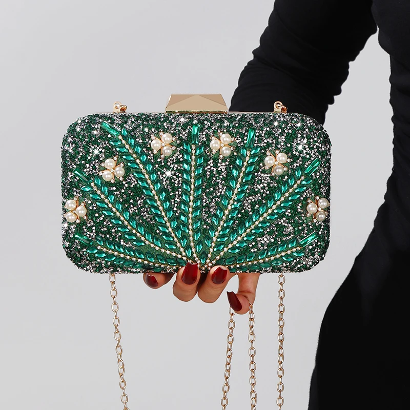 

Green Rhinestone Evening Bag for Women Luxury Wedding Party Purse with Chain Elegant Clutch Pouch Chain Bridal Dinner Handbag