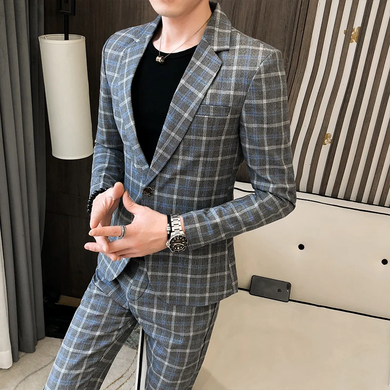 

The Main Promotion of New Single-breasted Top + Trousers Business Casual + Party Plaid Pattern Suit Two-piece Men's Clothing