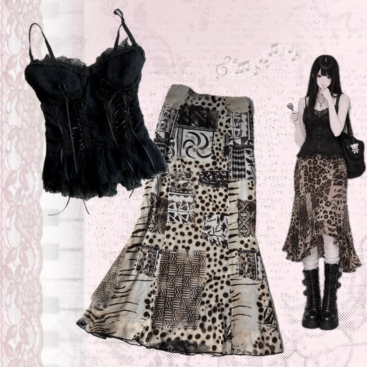 Grunge Alt Women Ethnic Patchwork Leopard Print Skirt Mesh Mermaid Hem Y2K Vintage Boho Aesthetic Long Midi Skirt
