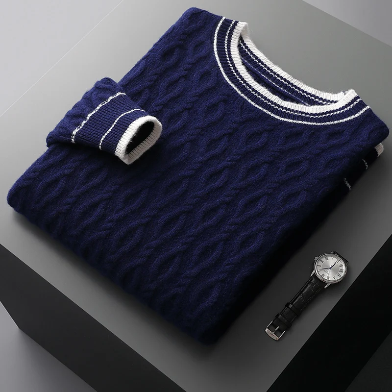 Autumn and winter new men's 100% merino wool O-neck sweater black and white stripes contrast thick sweater knit bottoming shirt