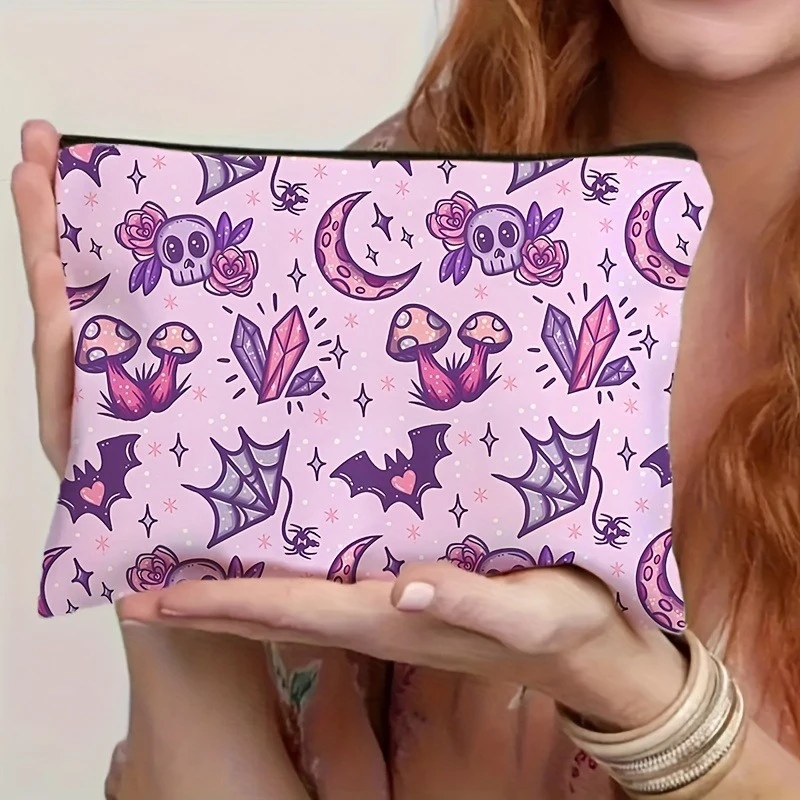 Halloween Pink Cute Magic Skull 1pc Makeup Bag Print Storage Bag Large Capacity Cosmetic Bag Zipper Pouch, Retro Pencil Case