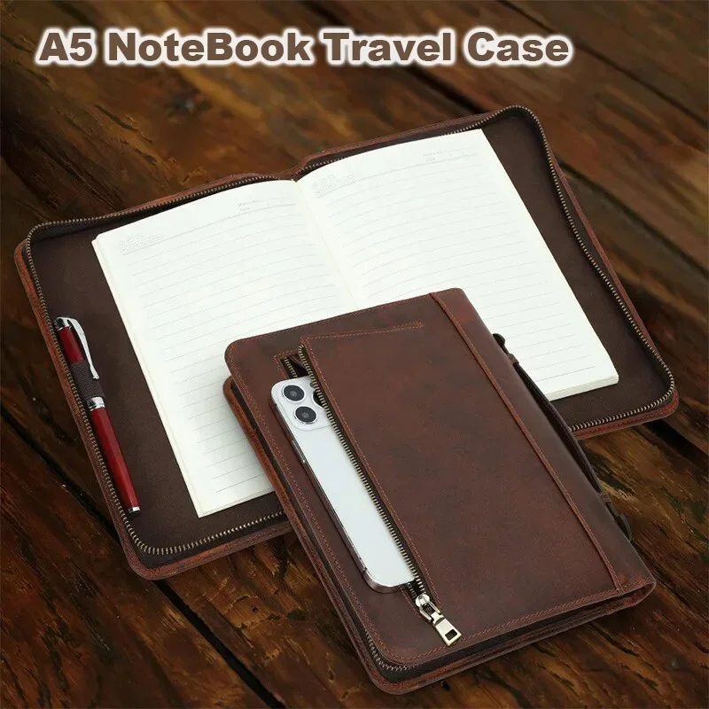 A5 Leather Wrist Zipper Notebook Cover With Pen Slot Back Storage For Phone Journal Notebook Office School Supplies Stationery