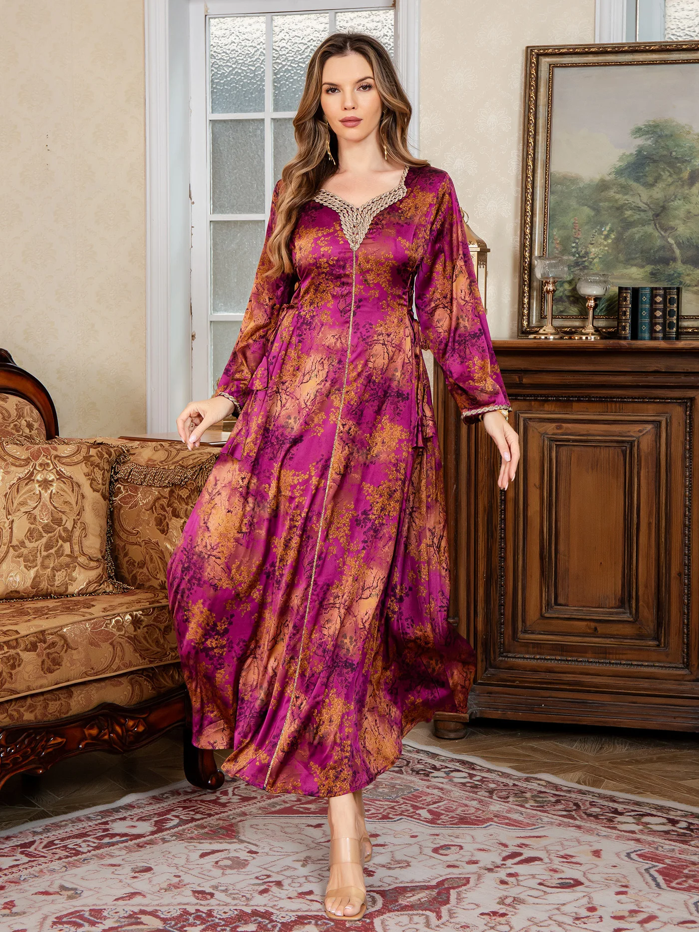 

New 2026 Muslim Printed Robe Elegant Fashion Middle Eastern Dress Luxury Diamonds Satin Abaya Saudi Dubai Long Dress