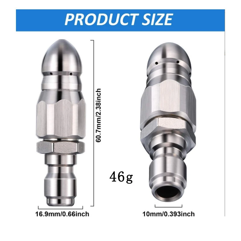 Factory Stock Stainless Steel 1/4 Quick Connect High Pressure Water Rat Tail Nozzle Tapered Front 1 Rear 6 Drain Cleaner Head