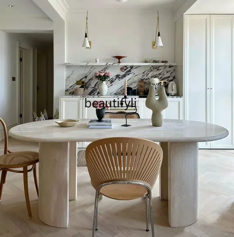 

French natural ultra-white travertine dining table oval marble dining table retro square dining table a16