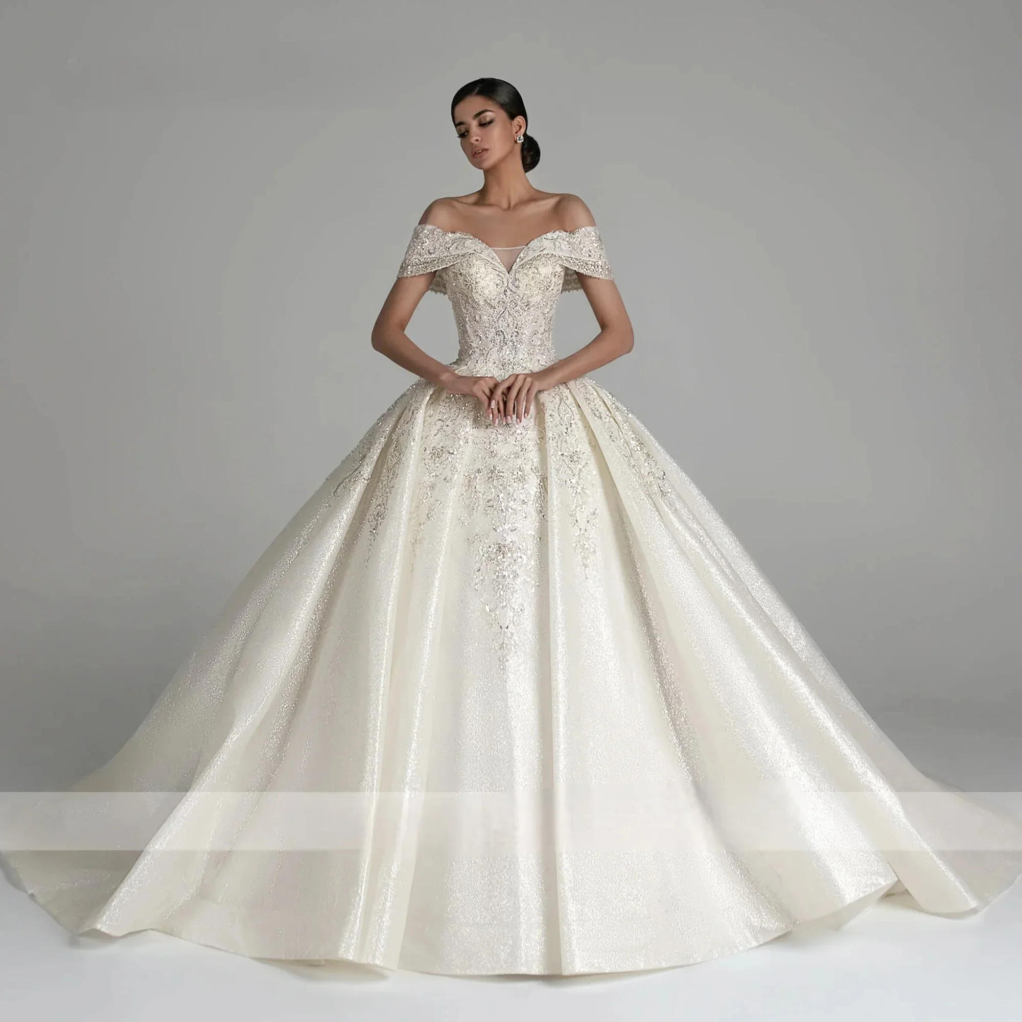 

Luxury Satin Beaded Wedding Dress Sweetheart Off Shoulder Short Sleeve A-line Bride Dress Lace Crystal Prom Dresses Customized