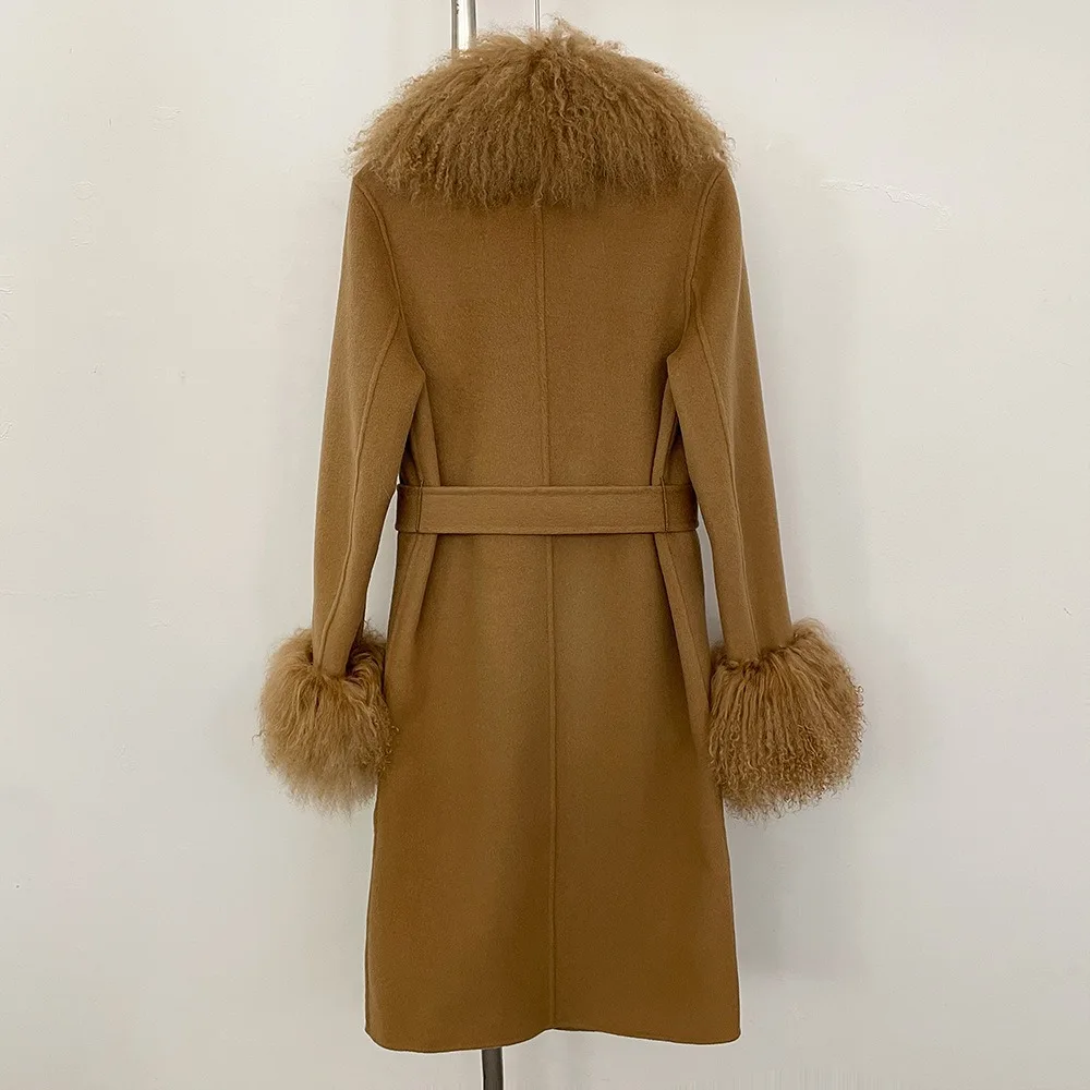 حار مبيعات النساء الكشمير معطف الصوف الحقيقي الأغنام المنغولية الفراء طوق كم الفراء سترة السيدات الخريف الشتاء أزياء طويلة أبلى