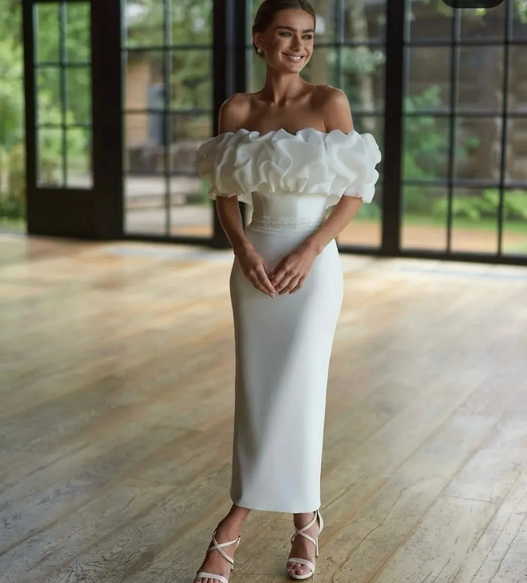 

New Arrival Wedding Dress Off The Shoulder Ruffles Beads Belt Ankle Length Bride Bridal Party Gowns vestido de novia