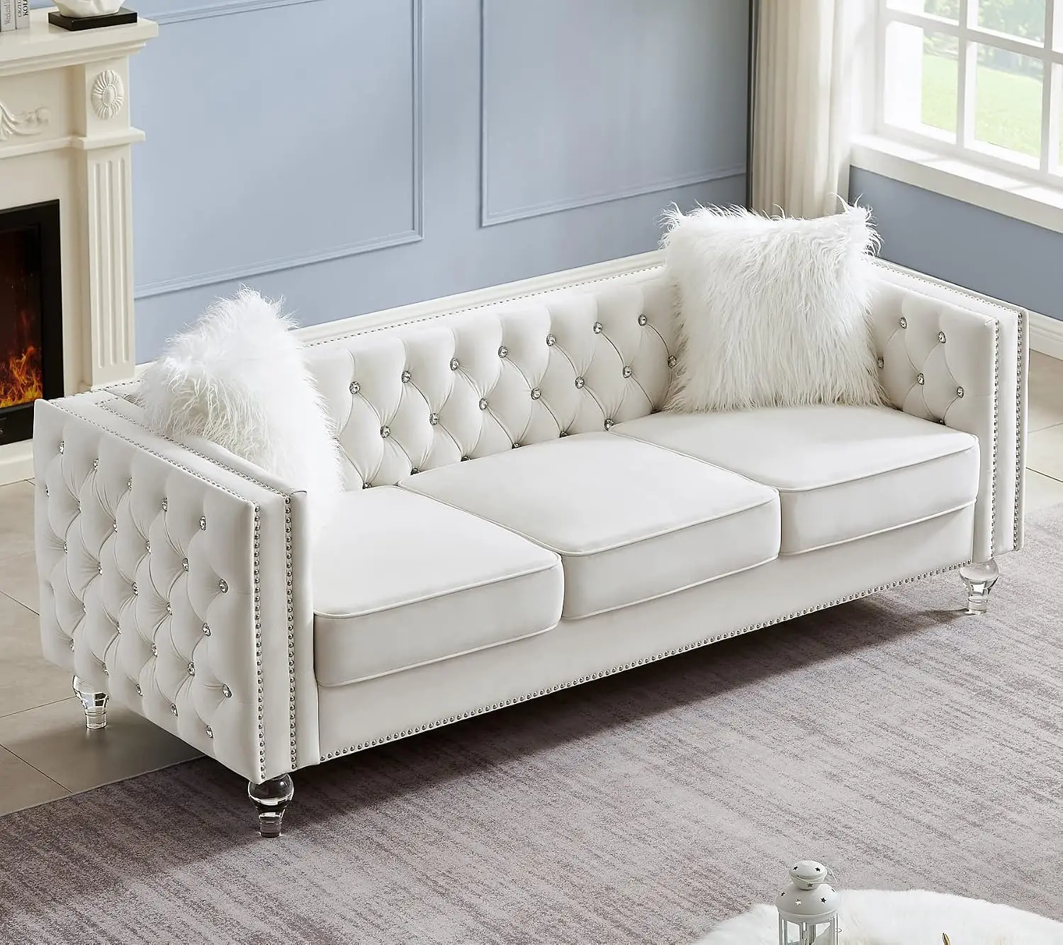 Velvet 3 Seater Sofa Couch with Buttons and Square Arms 83.07 Inch Tufted 3-seat Sofas with Trimmed Nailhead and, Custom