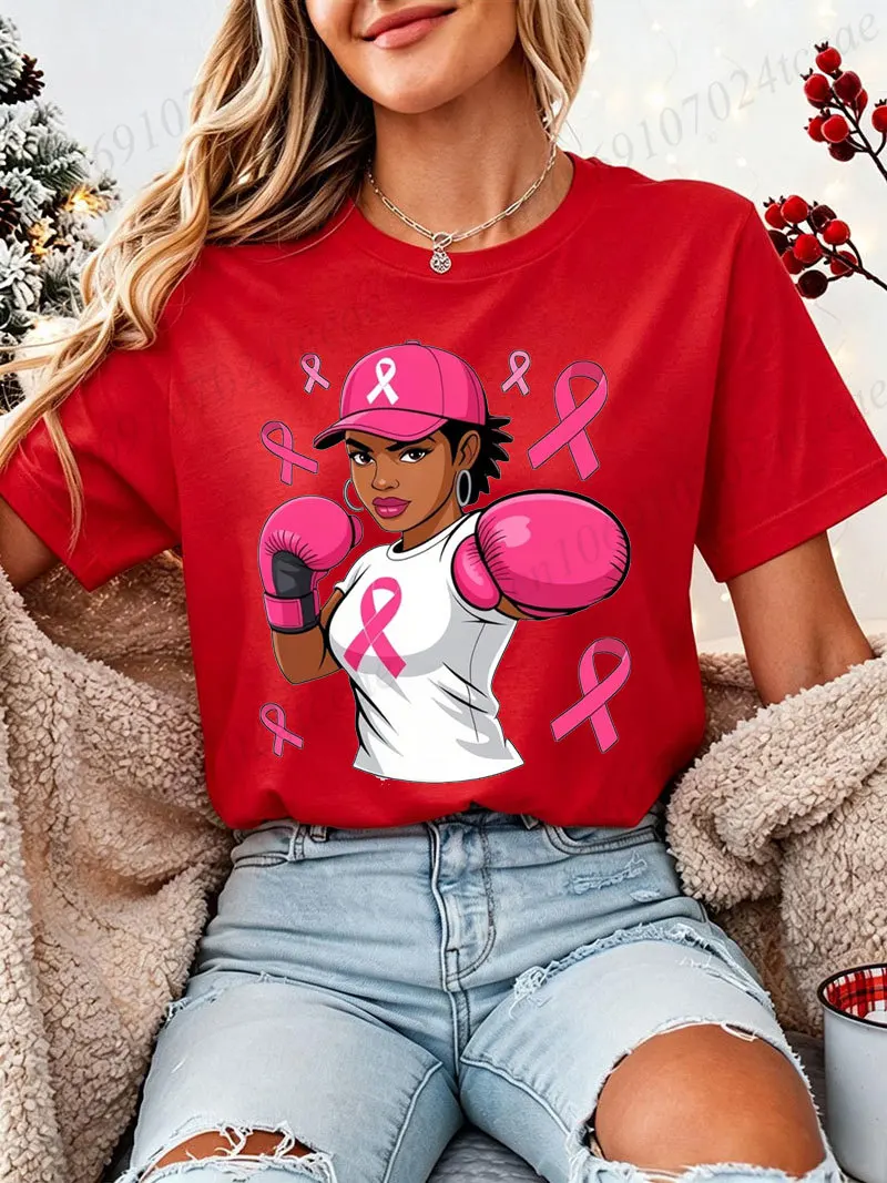 Breast Cancer Awareness Graphic T‑Shirt Women Fighter Boxing Girl Pink Ribbon Tee Survivor Support Hope Fight Cancer Casual Tops