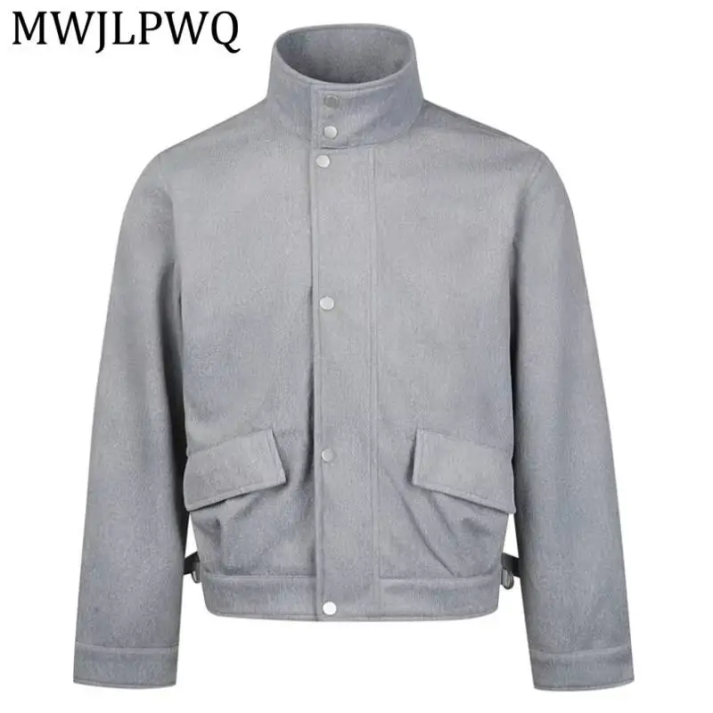 MWJLPWQ Wool Blend Stand Collar Jacket Metal Button Placket Dual Patch Pocket Waist Adjust Strap Men Casual Outerwear 17030