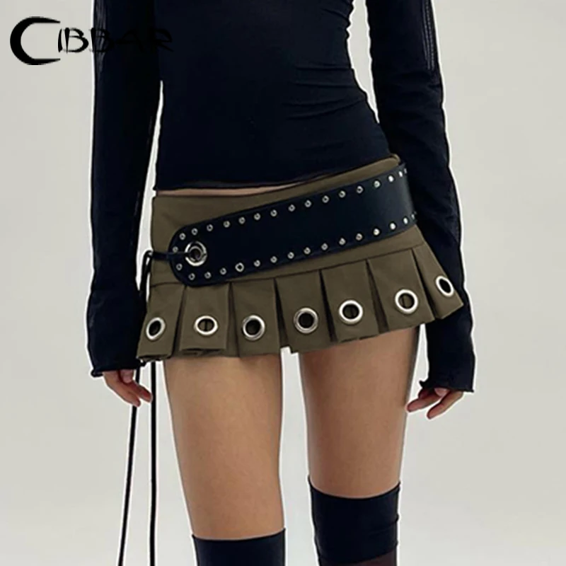 CIBBAR Punk Style Low Rise Mini Skirt with Leather Belt Hot Sexy Super Short Pleated Skirts Women Harajuku Clubwear Outfits y2k