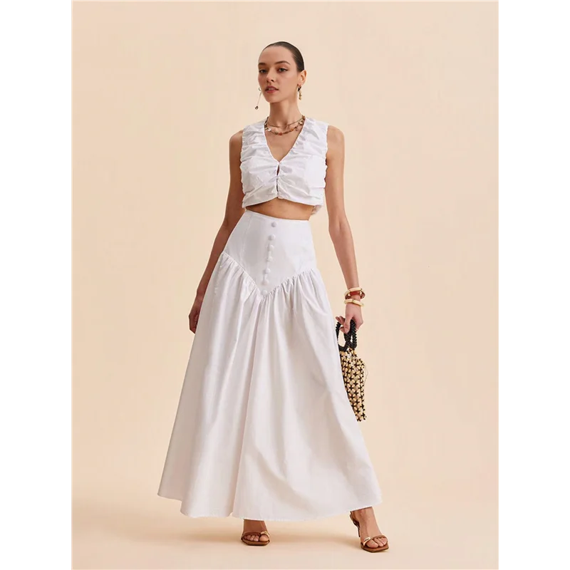 Abrt-feminino estilo francês costura branca abotoada cintura alta maxi saia plissada fluindo maxi saia de cintura alta maxi saia