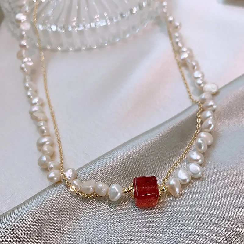 New Arrival Elegant Natural Freshwater Pearl & Square Strawberry Quartz 14K Gold Filled Female Necklace Jewelry For Women Gifts