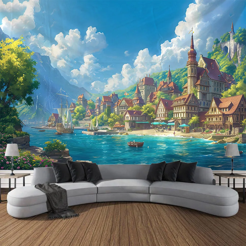 Beautiful seaside scenery tapestry wall hanging dreamy castle tapestry home bedroom hanging cloth, beach picnic mat yoga sheets