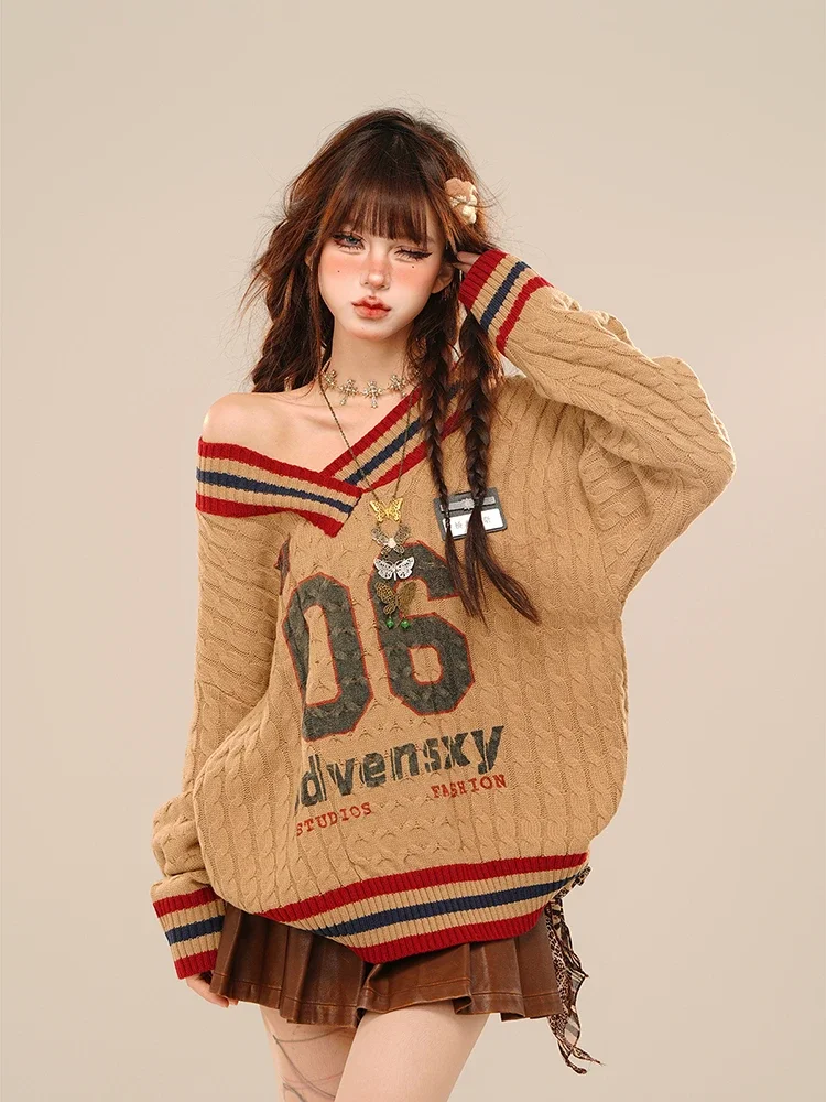 ADAgirl Vintage Letter Print Oversize Sweater Women Long Sleeve V-neck Knitted Pullovers Preppy Style Casual Loose Winter Tops