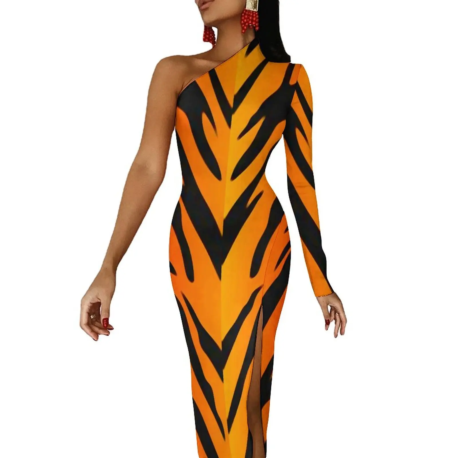 Abstract Fire Maxi Dress One Shoulder Tiger Stripes Print Kawaii Bodycon Dress Spring Party Long Dresses Female Design Clothing