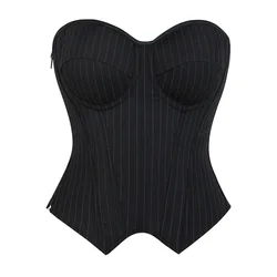 Fashion Sexy Black Striped Overbust Corset Elegant Office Lady Women Zip Corselet Cropped Tank Vest Strapless Tops Costume