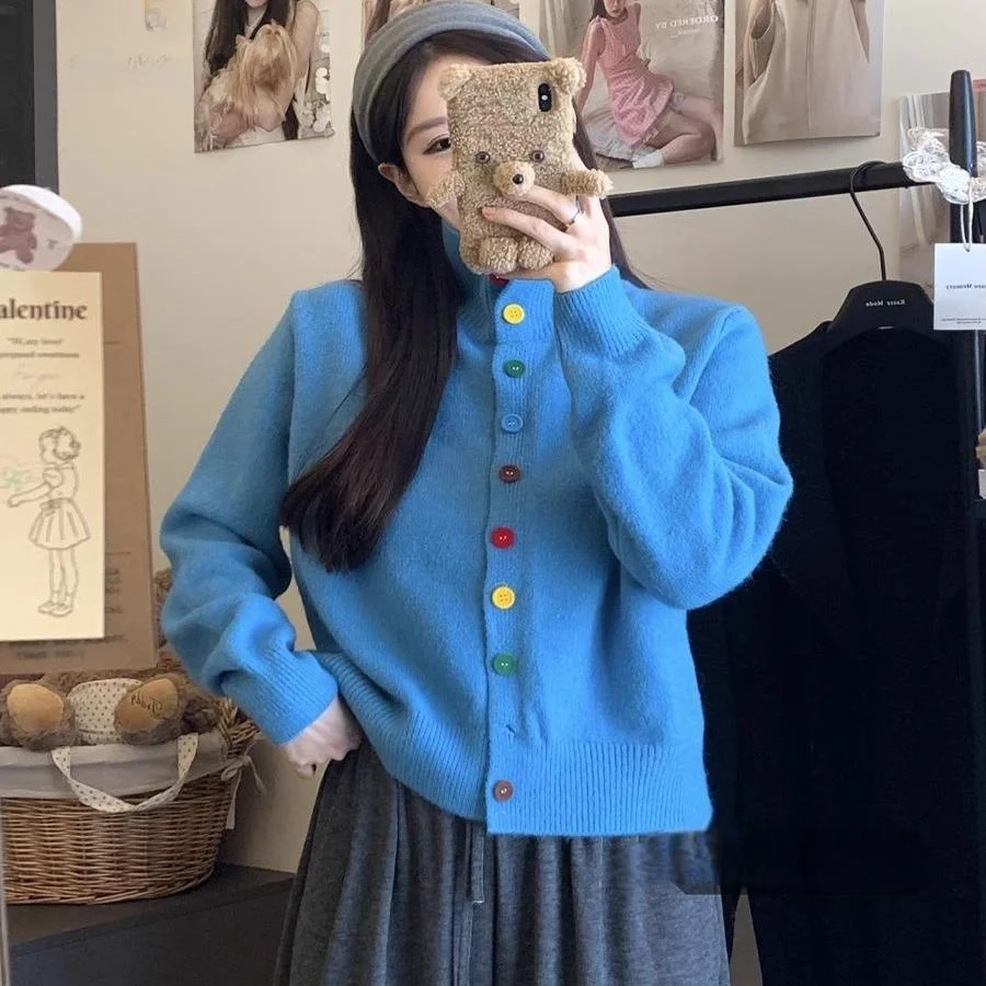 Korean Style Soft Cozy  Button High Collar Women's Knitted Sweater Coat Winter Unique Elegant Open Cardigan Top