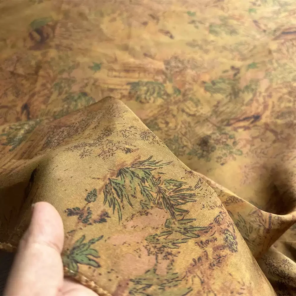 1 meter 100% Mulberry Silk 20 momme Gambiered Canton Silk Fabric Camel Classical Printed 110cm 43" wide by the yard JN822