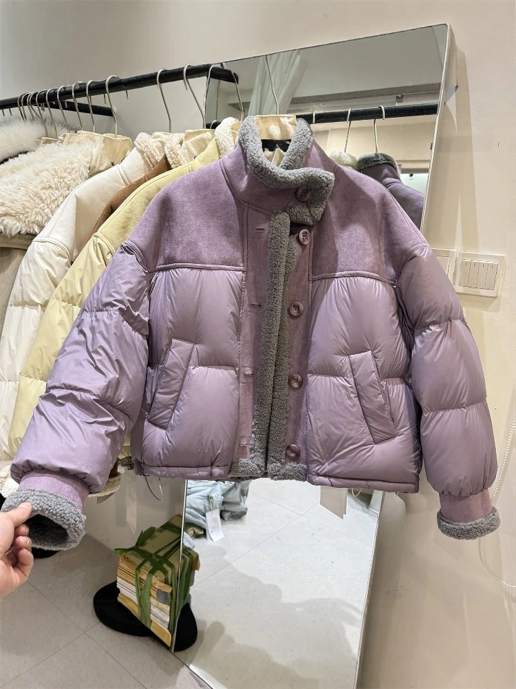 

Purple Suede Short Puffer Jacket Women's Winter Thickened Stand Collar White Duck down Quilted Coat Small Size Anti-aging
