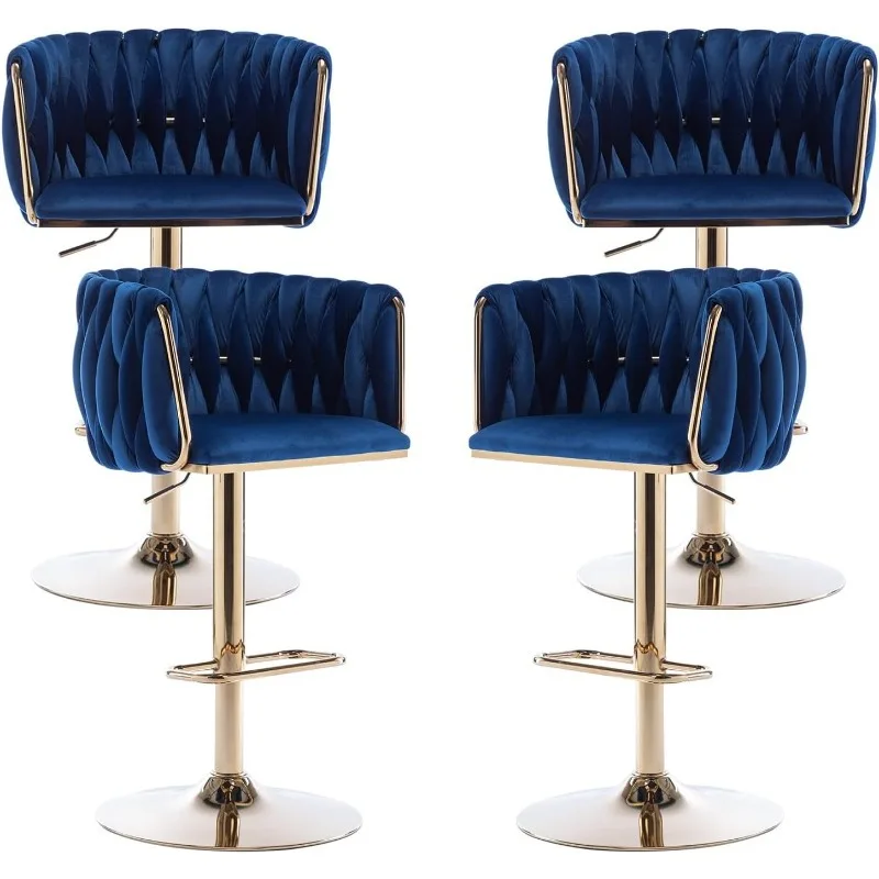 Velvet Bar Stools Set of 4, Swivel Counter Height Bar Stool with Woven Back, Gold Kitchen Bar Stools