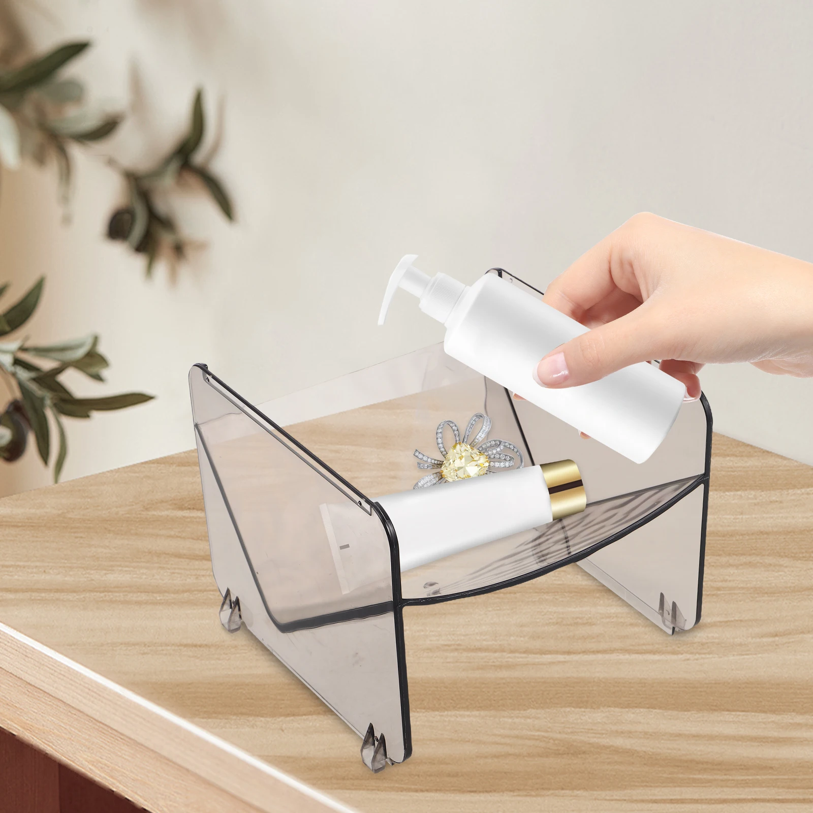 

Stackable Plastic Storage Organizer Rack Bathroom Countertop Key Holder Desktop Tray Entryway Decor Bowl Grey