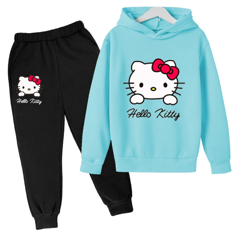 Kids hooded sweatshirt boys and girls sweatshirt two-piece set 2-12 years old casual fashion street set 2D print Hello Katie