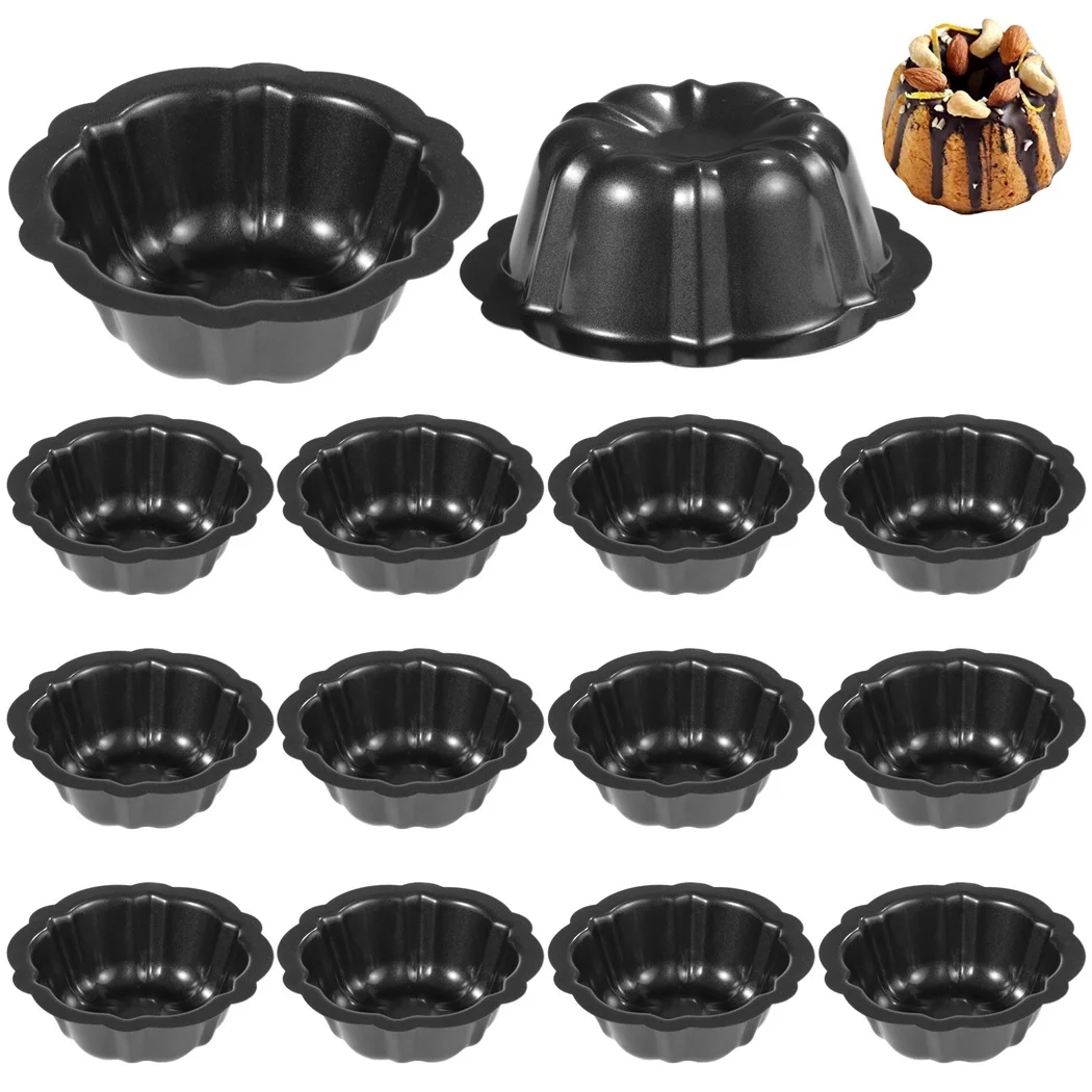 

16Pcs Mini Cake Pans Non-Stick Fluted Cake Pans Carbon Steel Oven Baking Molds Flower Shaped Cake Moulds Round Kugelhopf Moulds