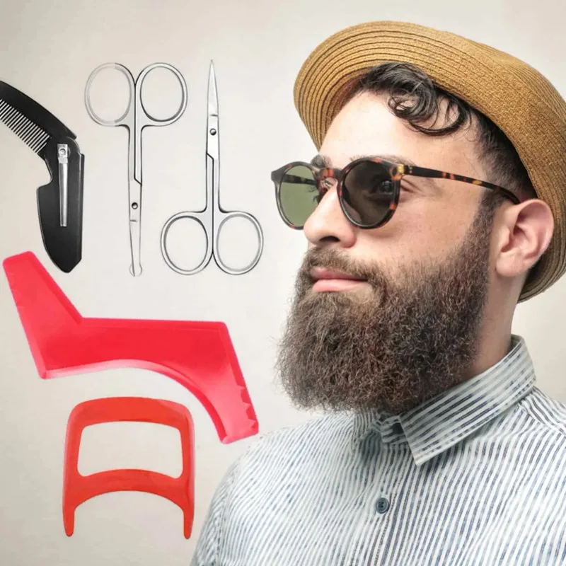 5Pcs Beard Styling Beard Shaping Tool Modeling Ruler Shaper Round Head Scissors Pointed Scissors Comb Beard Trimming Tool Kits