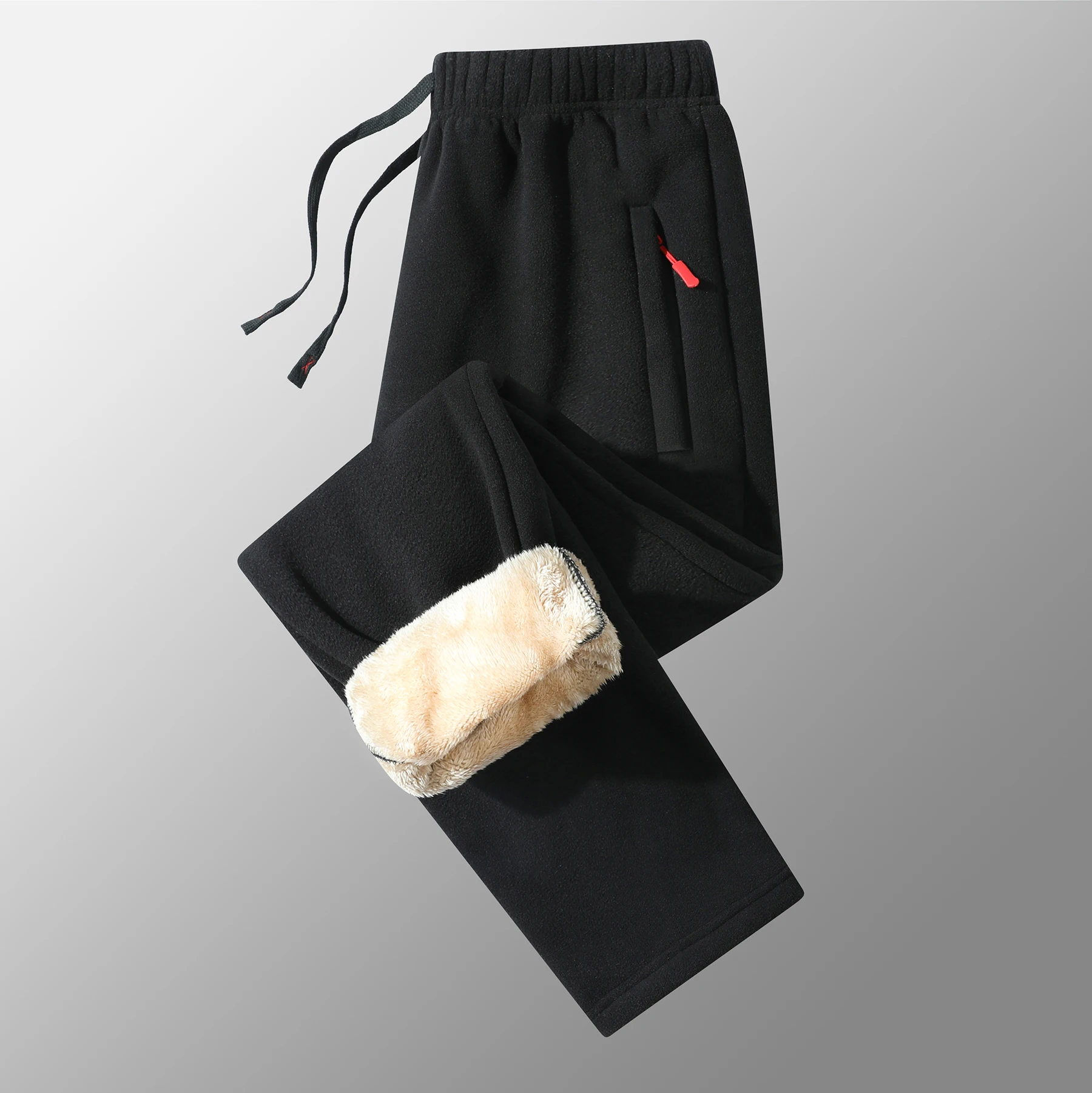 New Men's Casual Flannel Loose-Fit Drawstring Lamb Fleece Winter Solid Color Thermal Pants with Pockets and Zipper