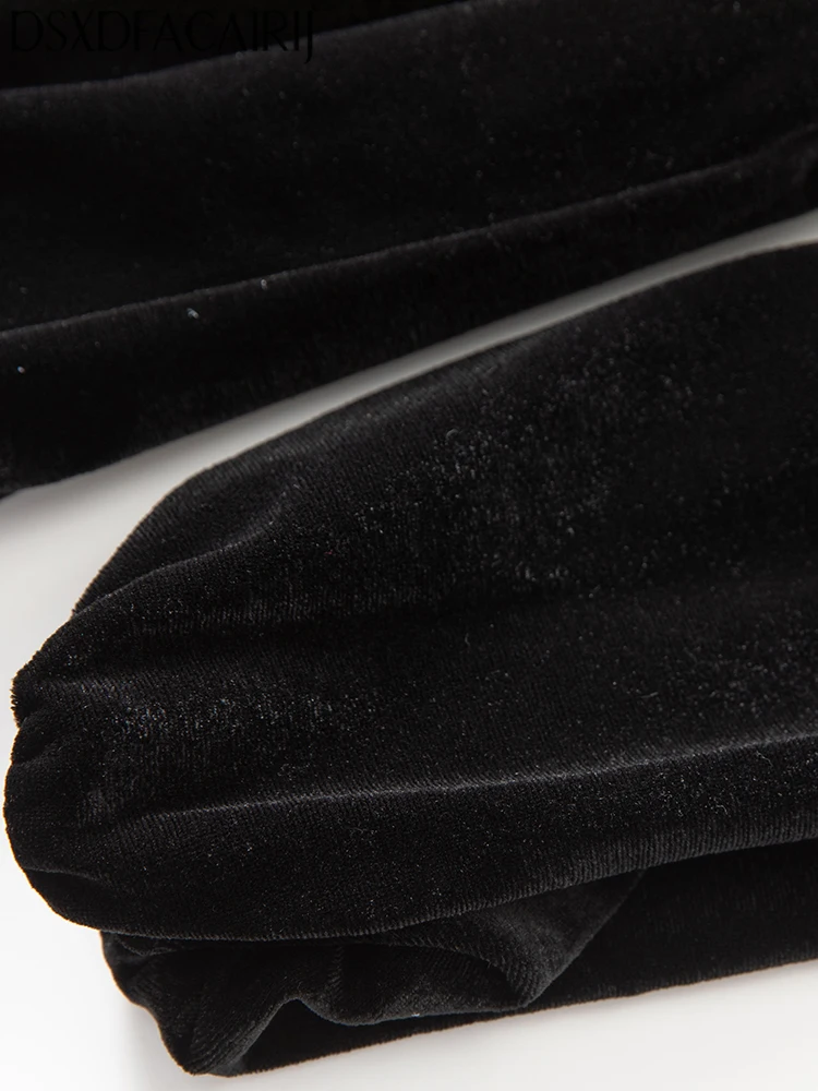 DSXDFACAIRIJ Damen-Kleid mit Perlenstickerei, V-Ausschnitt, Laternenärmel, Pailletten, Applikationen, Schnürung, Vintage, gespleißt, Samtkleid, modisch, Herbst, weiblich