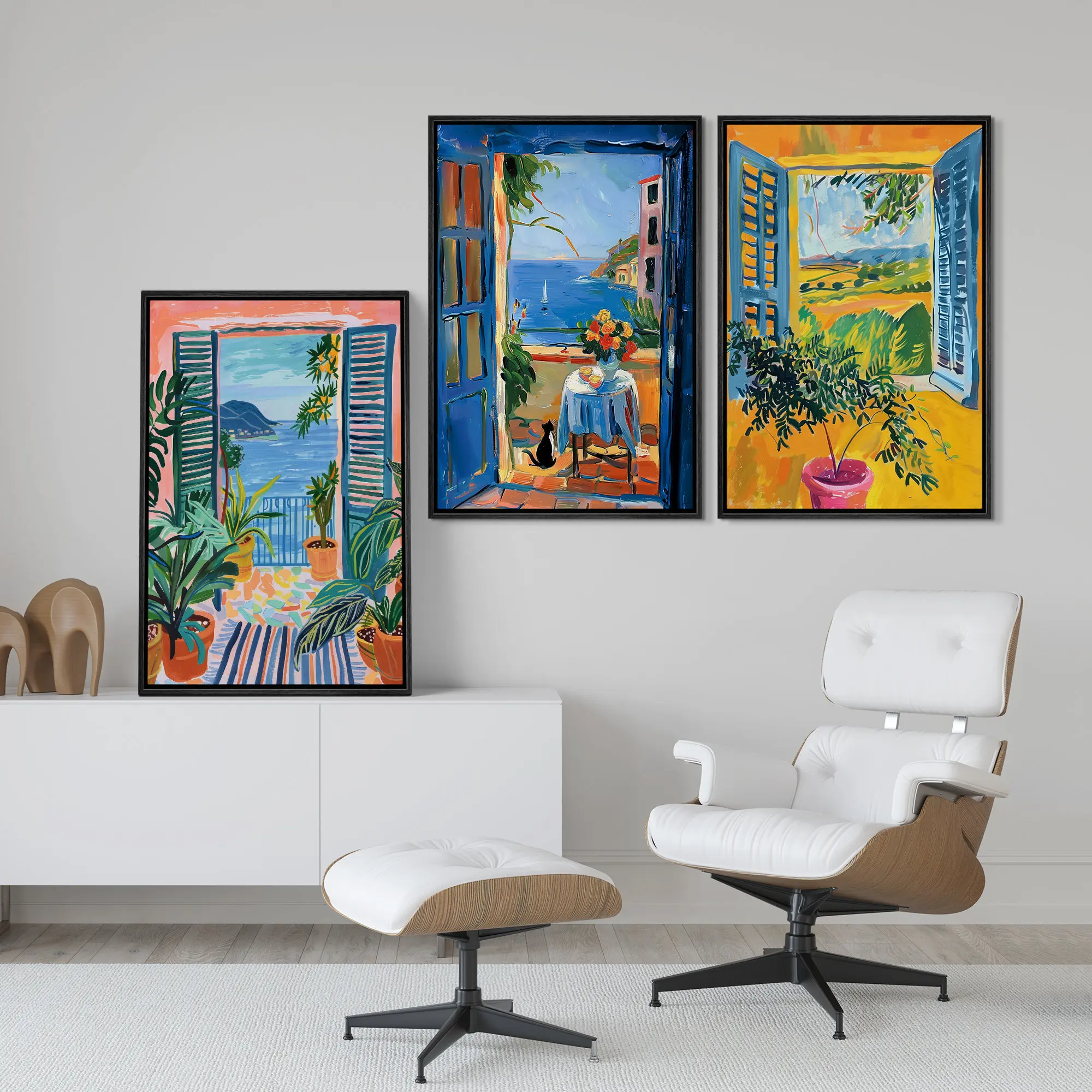 Abstrakte mediterrane Fensterlandschaft, Leinwandgemälde, moderner böhmischer Stil, Küstenfensteransicht, Kunstposter, Schlafzimmer, Heimdekoration