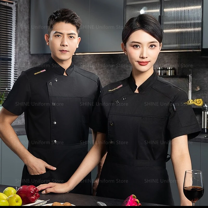 الأبيض الشيف موحدة المئزر ملابس العمل شعار الشيف السراويل الصيف الرجال قصيرة الأكمام سترة تنفس الشيف معطف مطعم المطبخ