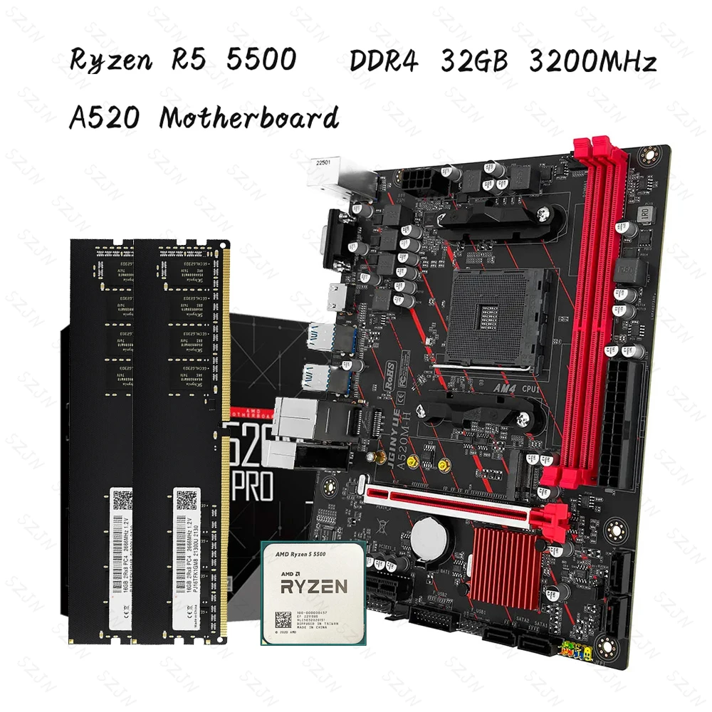 A520M AM4 마더보드 키트 AMD Ryzen R5 5500 키트, DDR4 32GB 3200MHz 지지대 M.2 NVME 듀얼 채널 DDR4 RAM WIN11