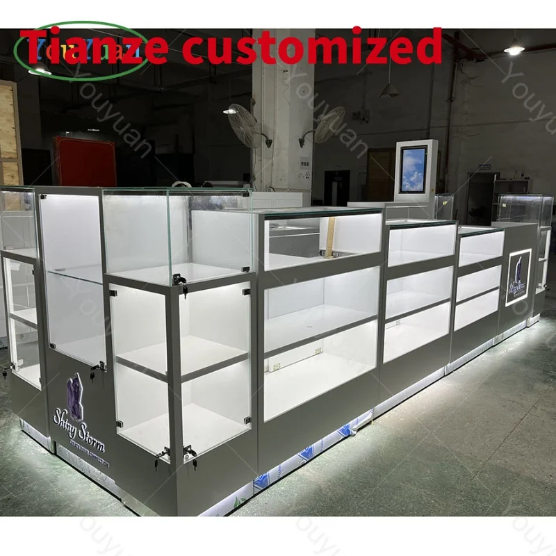 

(Customized) glass showcase jewelry display store with LED light jewellery counter display mall kiosk