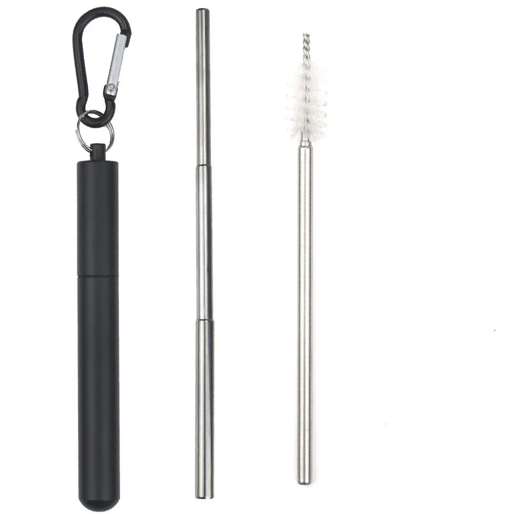 Reusable 304 Stainless Steel Telescopic Straw Three Sections with Aluminum Alloy Storage Tube Foldable Metal Beverage Straw