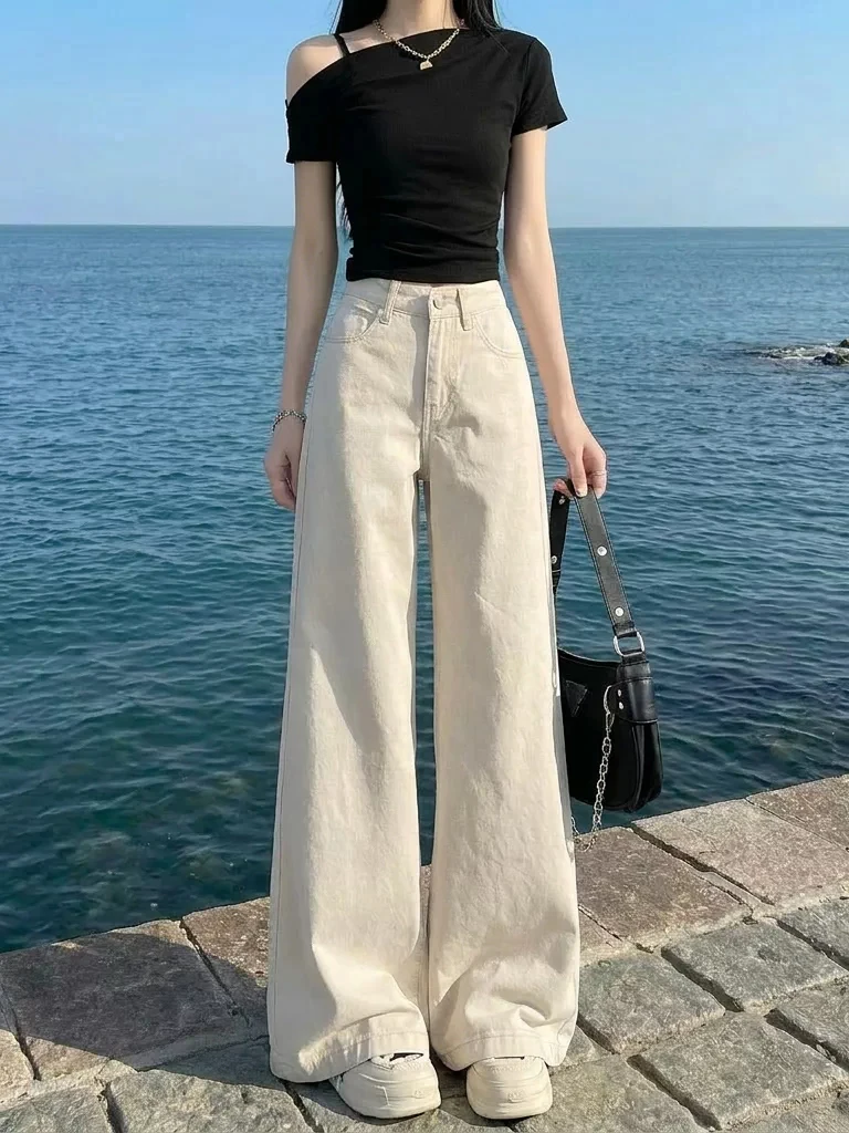 American Style Light Peach Wide Leg Denim Jeans Women's Autumn 2026 New White Low Waist Loose Slimming Floor-Length Straight ...