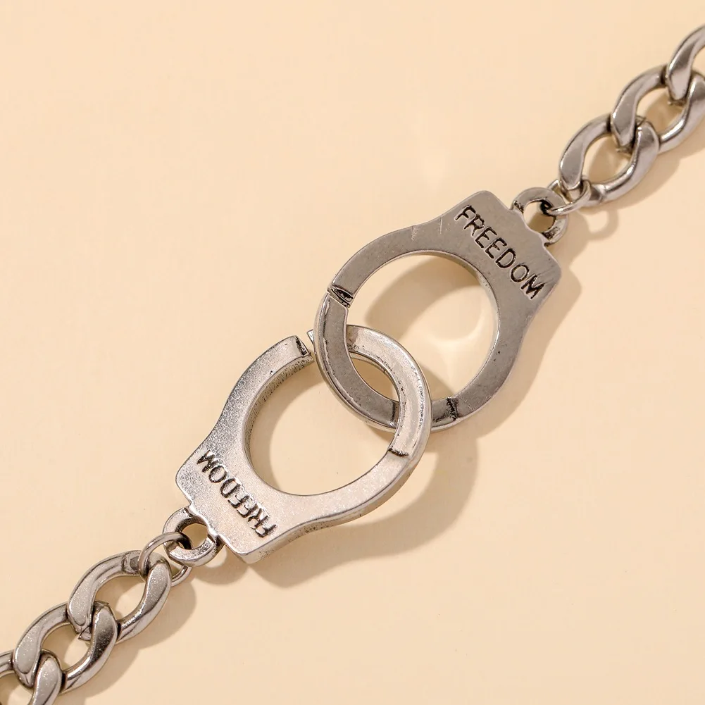 Cool Freedom Handcuff Bracelet for Men and Women Funky Metal Cuban Chain Wristband Trendy Decorative Hand Chain Daily Wear Gift
